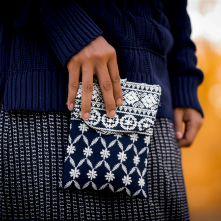 Navy Blue Floral Design Cotton Clutch Bag with Mirror Work and Gold Chain